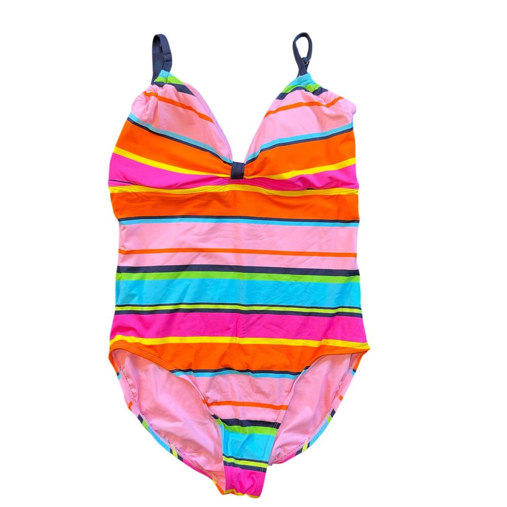 Anne Cole Signature Rainbow Striped One Piece Swimsuit Size 14 V-Neck Ruched